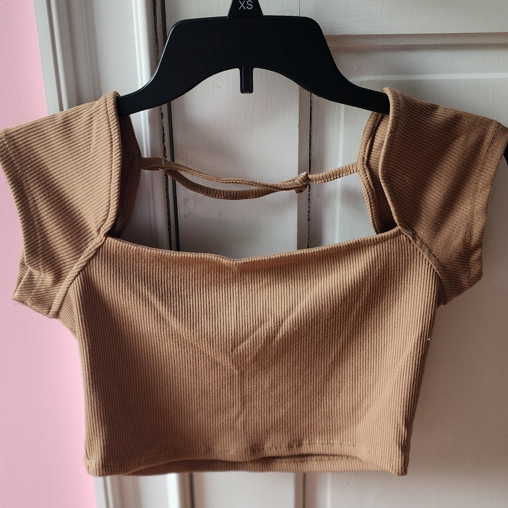 Ribbed Square-Neck Crop Top in Tan